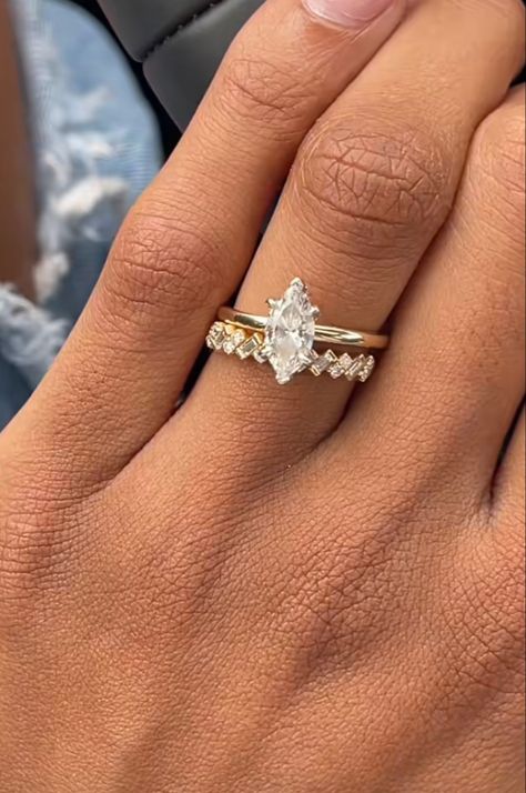 Marquise Diamond Ring Aesthetic, Marquise Engagement Ring 1 Carat, Marquis Ring Stack, Wedding Ring Stack Marquise, Marquise Engagement Ring With Band Stack, Wedding Band With Marquise Engagement, Diamond Ring Shapes, 1 Carat Marquise Engagement Ring, Marquise Stack