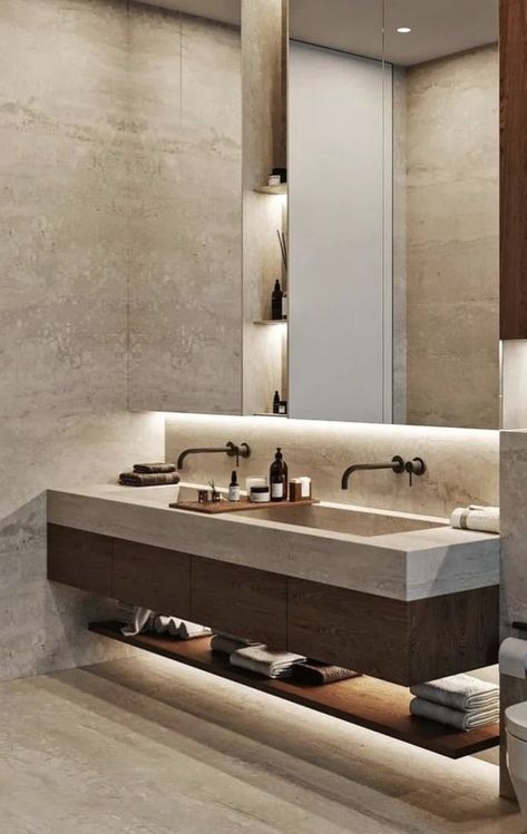 High End Bathrooms, Italian Bathroom Design, Travertine Bathroom, Wood Bathroom Cabinets, Italian Bathroom, Minimalistic Interior, Luxury Bathroom Master Baths, Mirror Pattern, Bathroom Inspiration Modern