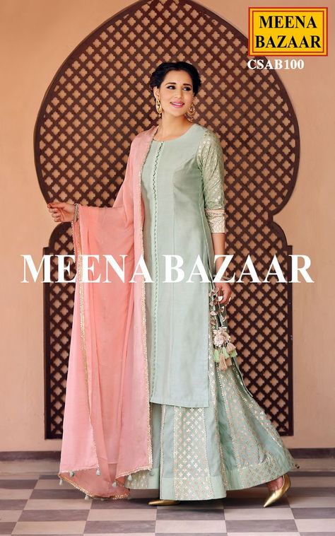 Sharara Design, Sharara Outfits, Plazo Suits, Meena Bazaar, Plazzo Suits, Indian Ethnic Wear For Women, Pink Dupatta, Pista Green, Ethnic Wear For Women