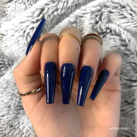 Blue acrylic nail Nails And Rings, 2022 Nails, Dark Blue Nails, Blue Acrylic Nails, Simple Acrylic Nails, Long Acrylic Nails Coffin, Fire Nails, Coffin Nails Designs, Bling Nails