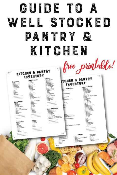 A guide to a well-stocked kitchen and pantry featuring a free printable that lists basic pantry staples to kitchen extras – to help you get meals on the table in any kind of situation. Well Stocked Pantry, Pantry Staples List, Kitchen Extras, Healthy Pantry Staples, Stocked Pantry, Pantry List, Kitchen And Pantry, Healthy Pantry, Apartment Checklist