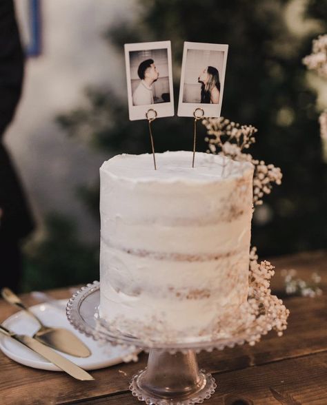 Wedding Cake With Photos On It, Wedding Cake With Pictures, Bridal Shower For Bride And Groom, Rustic Civil Wedding Ideas, 2 Person Wedding Cake, Polaroid On Wedding Cake, Unfinished Wedding Cake, Simple Mini Wedding Cake, Civil Wedding Cake Ideas