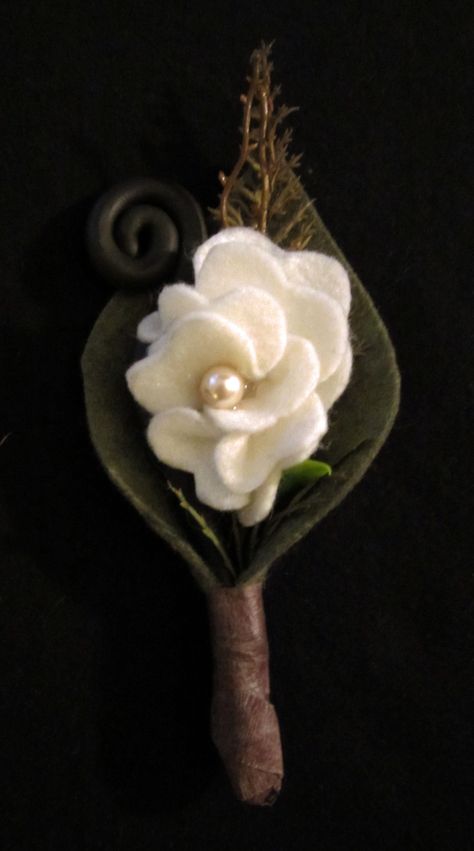 John's Boutonniere (made a total of 6). Flower and leaf made with felt, fiddlehead fern made from sculpey clay. Pearl in the middle is same as I am using for my necklace. Family Boutonniere, Felt Boutonniere Diy, Felt Boutonniere, Beads Boutonniere, Felt Flower Boutonniere, Couture Buttonholes, Felt Flower Corsage, Elegant Handmade Flower Lapel Pin For Weddings, Fiddlehead Fern