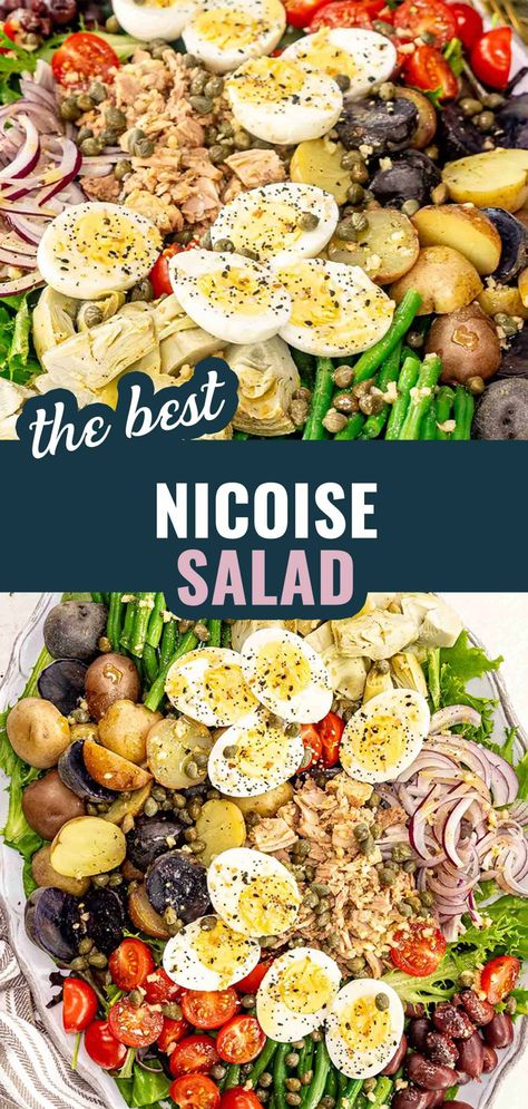 Enjoy a fresh and vibrant Niçoise Salad packed with baby potatoes, green beans, tuna, and a tangy dressing. Perfect for a light meal! 🥗✨ #NiçoiseSalad #HealthyEating #EasyRecipes #FreshSalad #LunchIdeas #DinnerInspiration #HealthyMeals Tuna Salad Salad, Nicoise Salad Recipe Dressing, Nicoise Inspired Potato Salad, Tuna Nicoise Salad Recipe, Nicoise Salad Salmon, Fresh Tuna Nicoise Salad, Nicoise Salad Recipe, Tuna Nicoise Salad, Best Salad Dressing