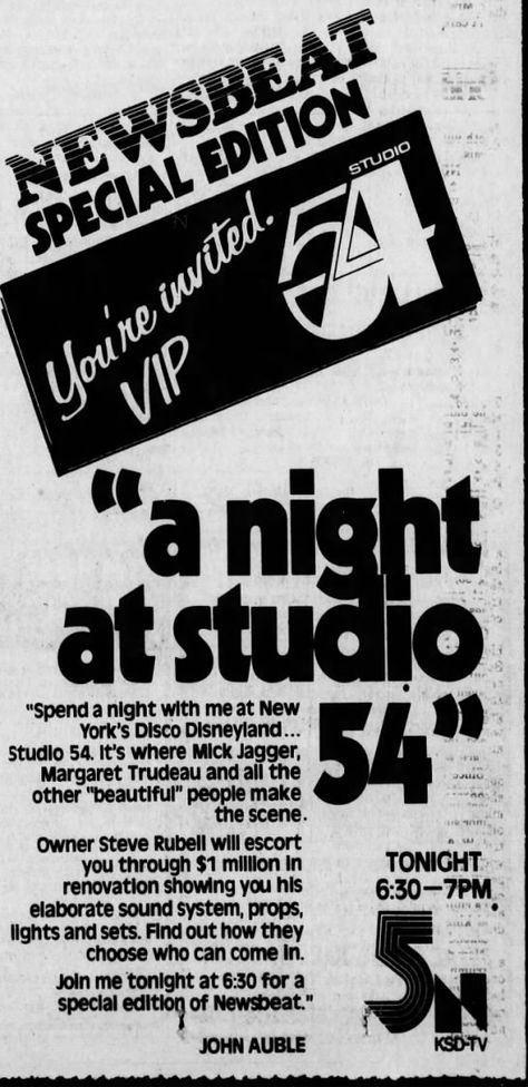 "Newsbeat Special Edition -'A Night at Studio 54'" , KSD-TV, 1979 Disco Glamour, Studio54 Party Theme, Studio 54 Birthday Party, Studio54 Interior, Studio 54 Party Decor, Studio 54 Theme Party, 70s Disco Club, Party Flyer Design, Studio 54 Aesthetic