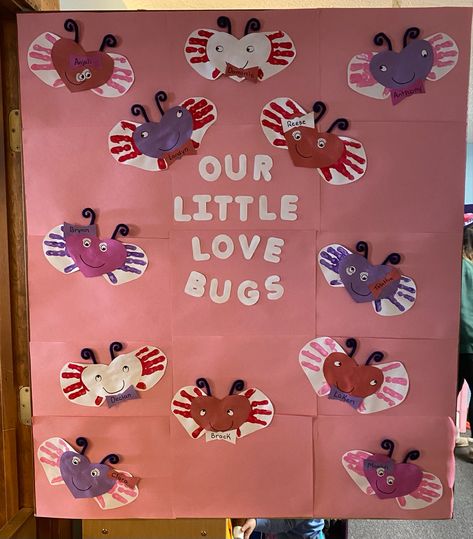 Love Bug Preschool Craft, Handprint Love Bugs, Valentine Bulletin Boards Preschool, Valentines Preschool Bulletin Board, Love Bugs Bulletin Board, Valentine Bulletin Board Ideas Preschool, February Bulletin Board Ideas Preschool, Valentines Boards, Valentines Door Decorations Classroom