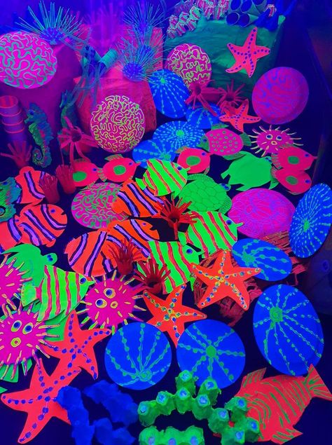 Glow In The Dark Ocean Theme, Under The Sea Glow In The Dark Party, Under The Sea Decorations, Uv Paint, Ocean Theme Party, Glow Art, Underwater Theme, Vbs 2024, Swim School