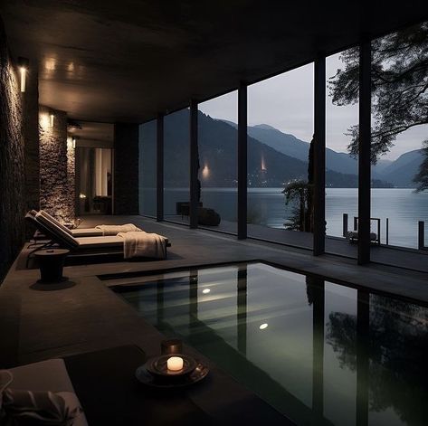 Concrete Luxury Interior, Dark Forest House Interior, Dark Nature House, Black Infinity Pool, Black Contemporary House, House In Woods, Dark House Aesthetic, Dark Modern House, Dream House Aesthetic