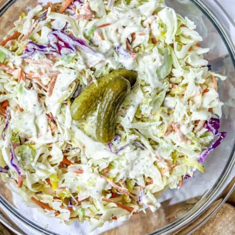 Dill Pickle Coleslaw - Print Pickled Coleslaw, Dill Pickle Coleslaw, Creamy Broccoli Slaw, Pickle Coleslaw, Shredded Broccoli, Dill Pickle Recipes, Dill Pickle Juice, Classic Coleslaw Recipe, Cabbage Coleslaw