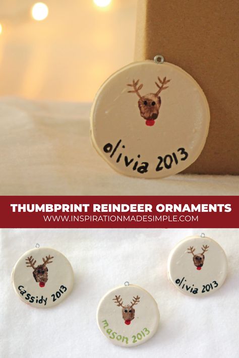 Thumbprint Reindeer Crafts - Inspiration Made Simple Thumbprint Reindeer Ornament, Reindeer Thumbprint Ornament, Reindeer Fingerprint, Reindeer Thumbprint, Thumbprint Reindeer, Holiday Diy Gifts, Fingerprint Ornaments, Ornaments For Kids To Make, Gigi Life