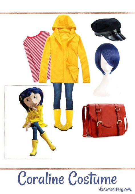 Easy No Sew DIY Coraline Halloween Costume | Easy costume to put together great for teens, adults, and even kids. Perfect last minute costume. See how => Easy Last Minute Halloween Costume, Coraline Halloween Costume, Coraline Halloween, Last Minute Kostüm, Costumes Faciles, Coraline Costume, Make Your Own Costume, Meme Costume, Last Minute Halloween Costume