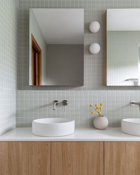 Terrazzo, kit kat tiles, brushed nickel tapware. Tell me our Richmond project’s ensuite is located in the heart of Melbourne without… | Instagram Modern Bathroom Green, Bathroom Sink Furniture, Fluted Glass Shower Screen, Brushed Nickel Tapware, Nickel Tapware, Treehouse Inspiration, Kit Kat Tiles, Abi Interiors, Japanese Bathroom