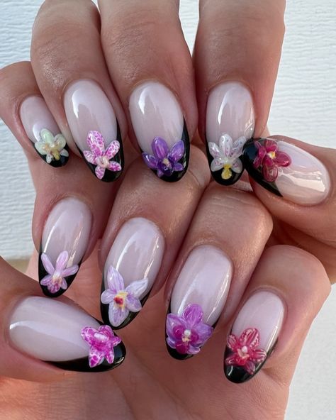 mini orchids 🤭💖 . . . #nailinspo #nailideas #3dnails #sculptednails #flowernails #orchidnails #nailaddict #summernails #gelnails #blackfrenchtip Orchid Nail Designs, Mini Orchids, Orchid Nails, Black French Tips, Sculpted Nails, Blue Orchids, 3d Nails, Flower Nails, Cute Nails