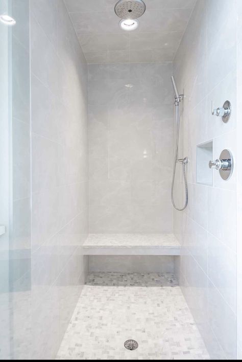 Shower Room Bench, Long Shower With Bench, Shower No Door Walk In Master Bath, Shower Room With Bench, Showers With Benches Seat, Modern Shower With Bench, Bench In Shower Walk In, Shower With Seat Walk In, Standing Shower With Bench