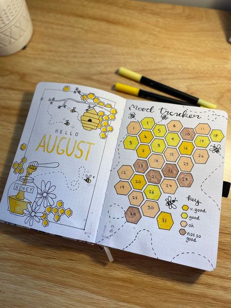 Honey Mood Tracker, August Journal Ideas Aesthetic, August Dot Journal Ideas, Bee Theme Bullet Journal, August Scrapbook Ideas, Dot Journal Mood Tracker, Bee Journal Ideas, Bullet Journal August Theme, August Bullet Journal Mood Tracker