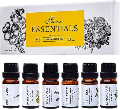 100% Pure Therapeutic Essential Oils. No fillers, NO Additives, or Carriers Added. A Handpicked selection from different parts of the world, including countries like ( France, Australia , Brazil ) Used in professional environments like massage facilities, beauty salons and offices Set of 6 Therapeutic Oils include some of the Most Popular and in demand Essential Oils. This incredible Gift Set includes. Lavender, Tea Tree, Eucalyptus, Peppermint, Lemongrass & Sweet Orange. Each box includes 6 Amb Diy Detox, Essential Oil Gift Set, Laundry Scent Boosters, Eucalyptus Lavender, Laundry Scents, Essential Oils Gifts, Lavender Lemon, Lavender Tea, Essential Oil Set