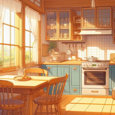 Kitchen Design Animation, Cottage Kitchen Illustration, Apartment Interior Drawing, Kitchen Background Drawing, Kitchen Background Aesthetic, Kitchen Cartoon Background, Kitchen Concept Art, Animated Kitchen, Kitchen Illustration Art