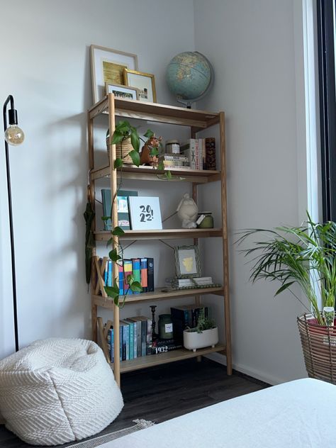 #books #bookshelf #plants #globe #art #australia #livingroomdesign #loungeroom #candles Globe On Bookshelf, Bookshelf Plants, Bookshelves Styling, Glass Bookshelves, Bookcase Styling, Globe Art, Bookcase Decor, Books Bookshelf, Bookshelf Styling