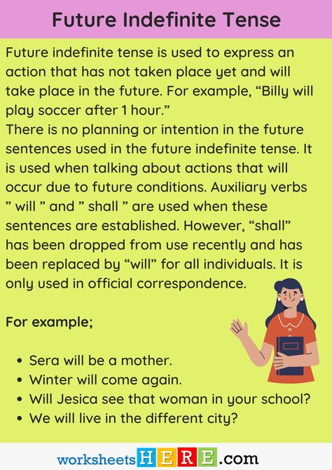 Future Indefinite Tense Definition and Example Sentences PDF Worksheet - WorksheetsHere.com Future Indefinite Tense, Auxiliary Verbs, Play Soccer, Grammar, Soccer, Memes, Football