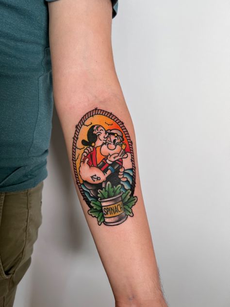 Popeye Tattoo Old School, Popeyes Tattoo, Old School Tattoo Color, Olivia Tattoo, Popeye Tattoo, Popeye And Olive, Embroidery Tattoo, Tattoo Time, Popeye The Sailor Man