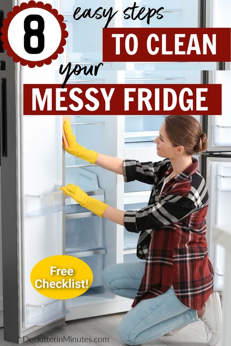 Keep your fridge neat with these 8 steps to cleaning the refrigerator. How to make your groceries last longer with these cleaning tips. Take your fridge from messy and grimy to new and smelling fresh with our simple and actionable approach to getting this cleaning chore done fast. Step by step is the easy way to tackle a cleaning project from inside and out ensuring your fridge works and runs efficiently. #fridgecleaning