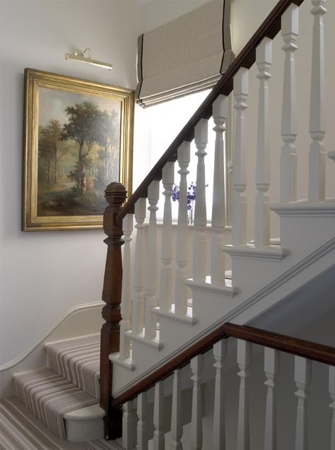 Staircase and hallway with Roger Oates striped wool runner and roman blind with contrast tape border. White Roller Blinds, Farmhouse Blinds, Vertical Window Blinds, Sheer Blinds, Patio Blinds, Modern Blinds, Living Room Blinds, Sliding Door Blinds, Shutter Blinds