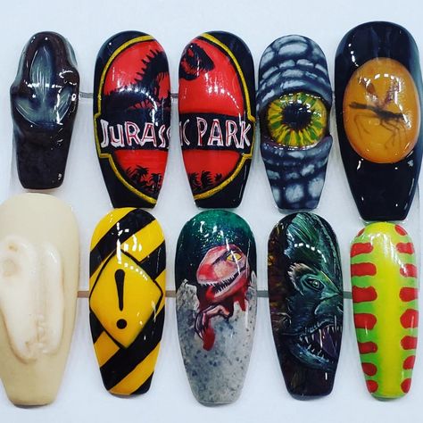 Jurassic Park Nails Designs, Jurrasic Park Nails, Jurassic World Nails, Theme Park Nails, Tarzan Nails, Universal Studios Nails Design, Godzilla Nails, Universal Studios Nail Ideas, Dinosaur Nails Designs