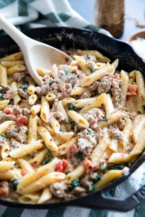 An easy, comforting dinner idea, this Tuscan Pasta with Sausage is a 30 minute meal that is packed with flavor. Tuscan Sausage Pasta, Waffles With Cream Cheese, Waffles With Strawberries, Tuscan Sausage, Cream Cheese Drizzle, Icing Drizzle, Tuscan Pasta, Red Velvet Waffles, Taste And Tell