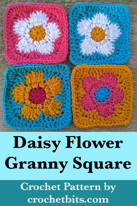 Crochet Daisy Flower Granny Square Pattern Daisy Flower Granny Square, Flower Granny Square Pattern, Crochet Flower Granny Square Pattern, Granny Square Pattern Free, A Daisy Flower, Motifs Granny Square, Crochet Granny Square Tutorial, Crochet Flower Squares, Flower Granny Square