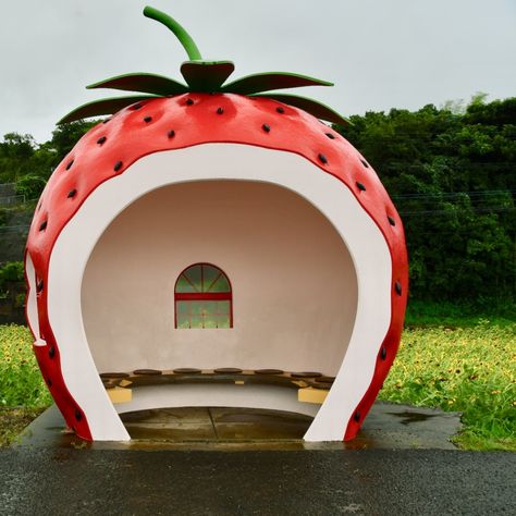 Konagai, Japan | The Kawaii Fruit Shaped Bus Stops Along Route 207 Near Isahaya Cute Architecture, Floating Chair, Blue Butterfly Wings, Preschool Designs, Hanging Seats, Pipe Table, Kawaii Fruit, Bus Stops, Playground Design