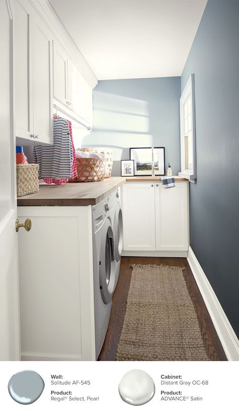 When you need your laundry room to be a calming retreat, look no further than Solitude AF-545. Paired with Distant Gray OC-68 on the cabinets, laundry time can become peaceful and stylish. Laundry Paint Colors, Blue Laundry Room Ideas, Laundry Room Paint Colors, Elegant Paint Colors, Bg House, Laundry Inspiration, Laundry Room Paint Color, Laundry Room Paint, Narrow Laundry Room