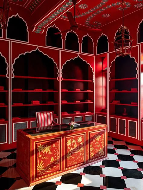 ornate rajasthani 'villa palladio jaipur' flooded with bold maximalism Palladio Jaipur, Bar Palladio, Modern Palace, Villa Palladio, Jaipur Rug, Maximalist Interior, Indian Interiors, Jaipur Rugs, Hand Painted Wallpaper