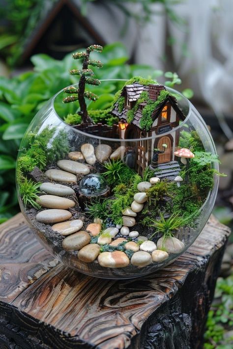 Fairy Terrarium Ideas, Garden Design Indoor, Miniature Garden Ideas, Plant Bedroom Aesthetic, Indoor Garden Design, Fairy Garden Box, Plant Bedroom, Fairy Terrarium, Fairy Garden Flowers