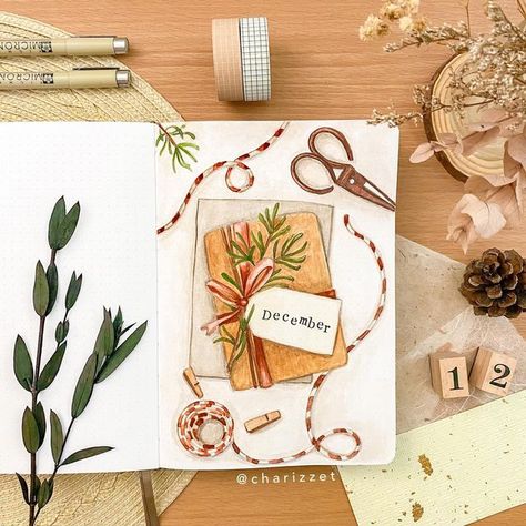 Charizze T • Bullet Journal & Art on Instagram: "December Cover ✨ here’s my rustic christmas parcel / present watercolor illustration as my cover this month! It’s December already! 🫣 are you starting to get ready for the holidays? You can watch my December Plan With Me video on my YouTube channel! The link is on my website or just search “Charizze T” 💕 Supplies — Notebook: Cabin Brown in collaboration with @maisielaneco Grid Washi Tapes @stationerypal (use code CHARIZZE10 for 10% off) Van December Journal Cover, Christmas Parcel, Bujo Layout, Bullet Journal Cover Page, Creating A Bullet Journal, Christmas Journal, Plan With Me, Bullet Journal Art, Journal Inspo