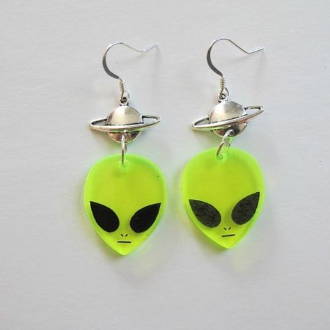 alien earrings Alien Couture, Alien Clothing, Alien Earrings, Alien Necklace, Cosmic Jewelry, Space Grunge, Galaxy Jewelry, Galaxy Earrings, Planet Earrings