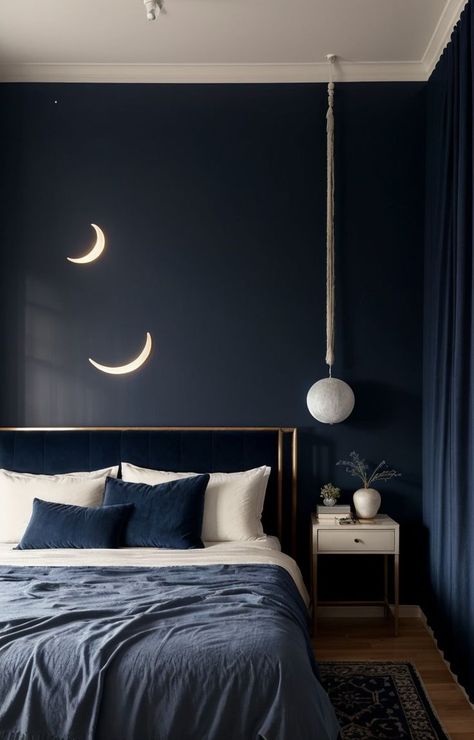 Navy Bedroom Black Bed, Cool Tone Bedroom Ideas Blue, Dark Blue Aesthetic Room Decor, Dark Blue And Beige Bedroom, Light Blue Black And White Bedroom, Dark Blue Wallpaper Bedroom, Bedroom With Navy Walls, Moody Blue Bedroom Ideas, Navy Blue Bedroom Decor Ideas