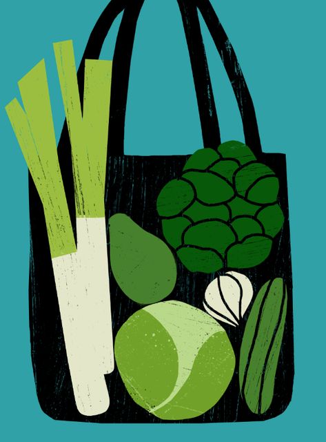 Whats In My Bag Illustration, Shop Local Illustration, Challah Illustration, Vegetable Illustration Design, Food Illustration Art Graphics, Green Illustration Art, Eggplant Illustration, Veggie Illustration, Ginger Illustration