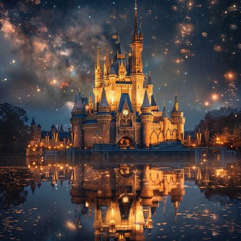 Enchanted Evening Castle: A magical castle illuminated at night under a starry sky, reflected perfectly in the tranquil water. #castle #night #reflection #stars #illuminated #aiart #aiphoto #stockcake ⬇️ Download and 📝 Prompt 👉 https://ayr.app/l/1LAa Night Castle, Water Castle, Castle Night, Castle At Night, Night Reflection, Magical Castle, Enchanted Evening, Night Landscape, Image Downloads