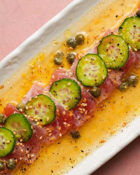 Tuna Crudo With Citrus Caper Vinaigrette, Seared Tuna Dinner, Yellowtail Crudo Recipe, Tuna Crudo Recipe, Savory Citrus Recipes, Raw Tuna Recipes Sashimi, Fish Crudo, Tuna Recipes For Dinner, Tuna Keto Recipes