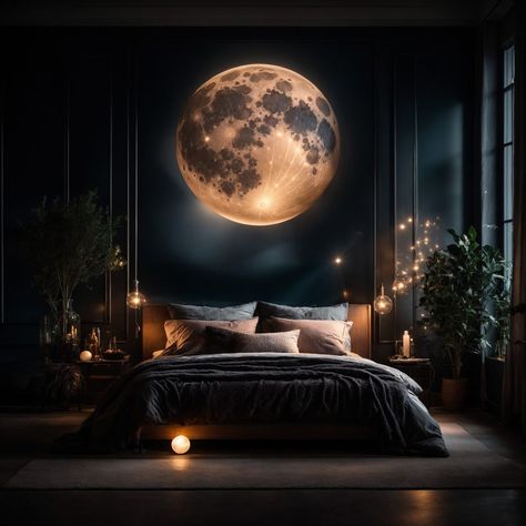 Enlightening, Beautiful and Enchanting Moon Wall Art Cute Bedroom Decor For Teens, Moon Interior Design, Moon Bedroom Aesthetic, Moon Bedroom Ideas, Moon Wall Painting, Moon Inspired Bedroom, Crazy Lighting, Teen Girl Bedroom Ideas Aesthetic, Crazy Interior Design