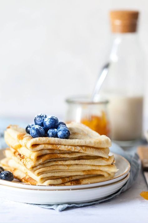 Easy and Delicious Homemade Dairy-Free Crepes are made with eggs, flour, plant-based milk and a dash of sugar. No dairy or lactose. #crepes #dairyfree #pancakes #breakfast #lactosefree Crepe Recipe Without Milk, Best Crepe Recipe, Sweet Crepes, Savory Crepes, Crepe Recipes, Pancakes Easy, Fool Proof Recipes, Food Shows, Perfect Breakfast