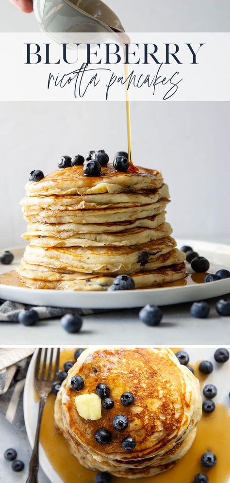 Ricotta cheese makes these blueberry ricotta pancakes unbelievably melt-in-your mouth light and fluffy. Better than your favorite brunch place and so easy to make at home! Ricotta Breakfast, Ricotta Pancakes Recipe, Blueberry Ricotta Pancakes, Blueberry Ricotta, Brunch At Home, Blueberry Pancakes Recipe, Lemon Ricotta Pancakes, Ricotta Pancakes, Mothers Day Breakfast