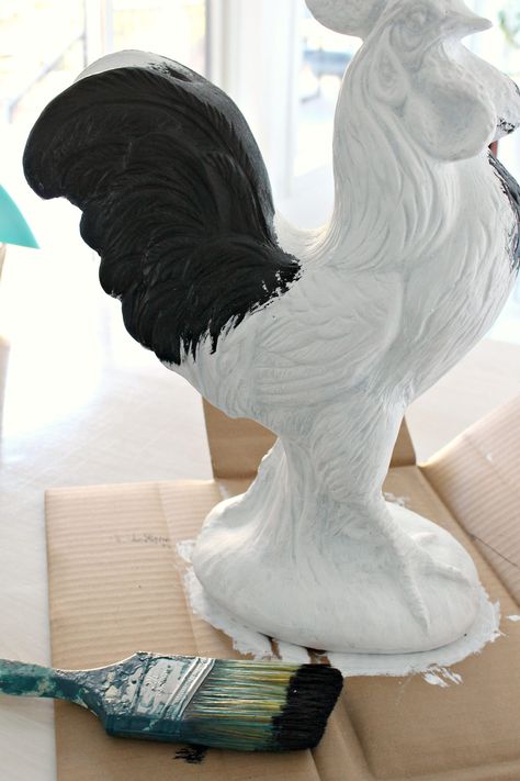 Rooster Sculpture Makeover. Find a sculpture you like but don't love the color or finish? Just paint it! Create your own perfect custom home decor. I made this rooster decor DIY by painting a plaster sculpture I bought for $8. Click through to see the before/after. Ceramic Rooster Decor, Rooster Sculpture, Painted Rooster, Sculpture Diy, Concrete Fountains, Rooster Statue, Rooster Kitchen Decor, Country Rooster, Ceramic Chicken