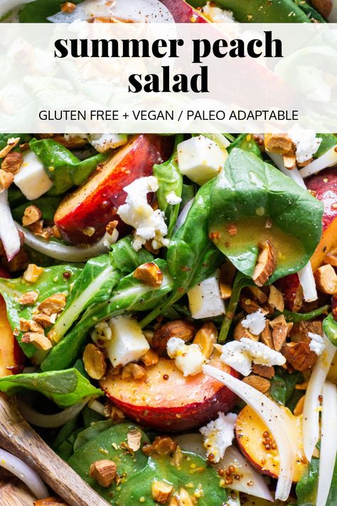 This summer peach salad with almonds and feta cheese is the ultimate summer salad! Made with tender salad greens, sweet peaches, toasted almonds, salty feta cheese, and dressed in a crave worthy mustardy dressing. Delicious, SO easy to make, and easily adapted to be both paleo and vegan! #summersalad #peaches #healthysalad #saladrecipe Peach Salad Dressing, Salad With Almonds, Paleo Salad, Delicious Salad Dressings, Seasonal Eating, Paleo Salads, Vegan Salads, Salad Greens, Peach Salad