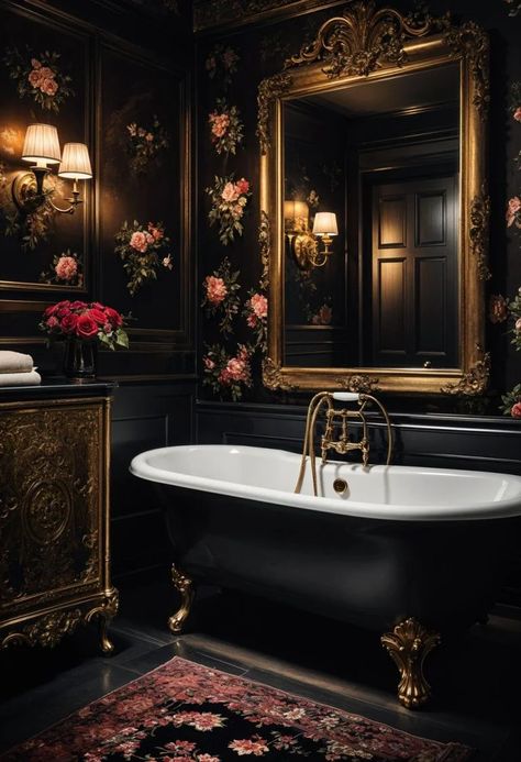 still. Gothic Bathroom Ideas, Steampunk Bathroom, Gothic Bathroom, Dark Bathroom Ideas, Dark Bathrooms, Victorian Bathroom, Dark Home Decor, Bad Inspiration, Casa Vintage