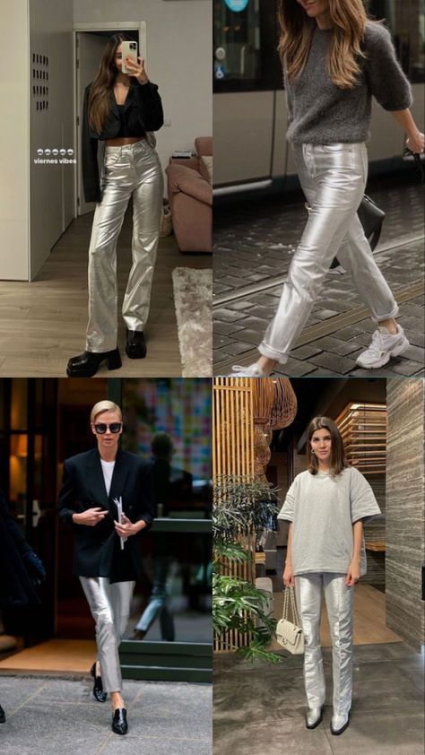 Silver Trousers Street Style, Casual Metallic Outfit, Silver T Shirt Outfit, Silver Pants Aesthetic, Metallic Pants Aesthetic, Metallic Silver Pants Outfit Casual, Silver Trousers Outfits Party, Silver Jean Outfits, Silver Metallic Trousers Outfit