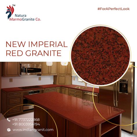 Let your interiors sparkle! New Imperial Red Granite - Purity That Matters New Imperial Red Granite is a type of granite that is quarried in the northern parts of India. It is also known as Ruby red granite. The red color is considered the color of success it is used extensively throughout the globe. Natura marmo granite co. Visit our Website for more details - Website - www.indiangranit.com We welcome any inquiry of yours - Mobile - +91-7737222868, +91-8003954194 Red Granite Countertops, Tan Brown Granite, Red Granite, Types Of Granite, Fantasy Brown, Absolute Black Granite, Brown Granite, Grey Granite, Kitchen Interior Design Modern