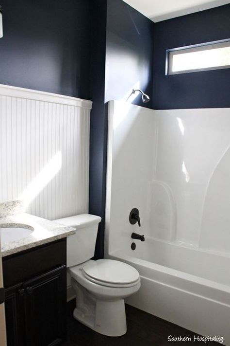 Navy Bathroom Decorating Ideas - Dark walls and white beadboard accent feature wall Royal Blue Bathrooms, Navy Blue Bathroom Decor, Mcgee Bathroom, Studio Mcgee Bathroom, Navy Bathroom Decor, Dark Blue Bathrooms, Navy Blue Bathrooms, Beadboard Bathroom, White Beadboard