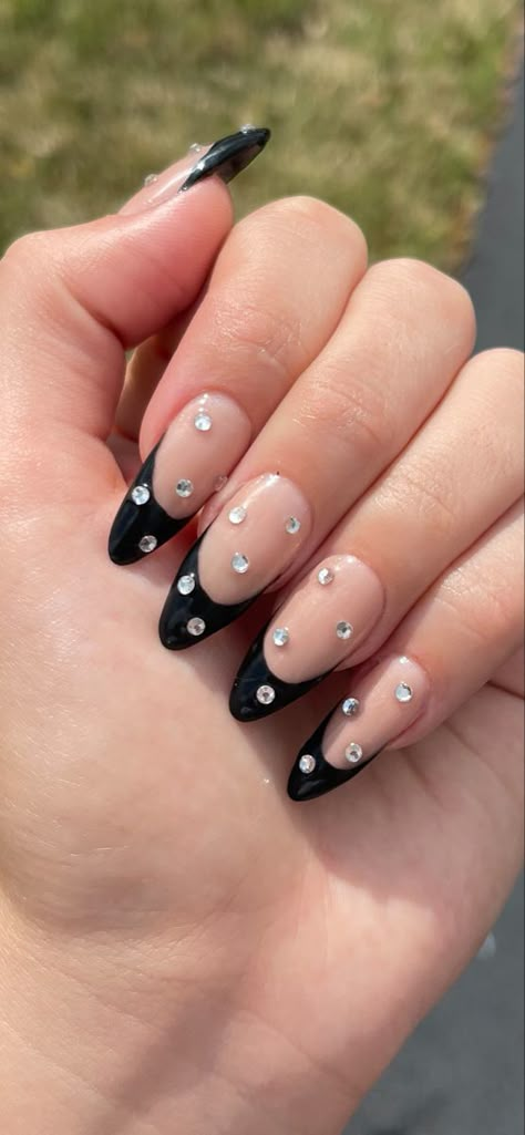 Euphoria black tip nails- Black French Nails- Classy Nails- Gel X nails- Apres Nails Black French Manicure With Rhinestones, Almond Black French Tip Nails With Rhinestones, Black And Crystal Nails, France Nails Ideas, Reputation Themed Nails, Diamond Nails Black, Black Jewel Nails, Black France Nails, Classy Nails Gel