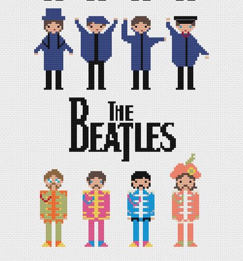 The Beatles Crafts, Beatles Pixel Art, Beatles Crochet Pattern, Crochet The Beatles, The Beatles Perler Beads, The Beatles Crochet Pattern, Beatles Crafts, Beatles Cross Stitch, Music Cross Stitch